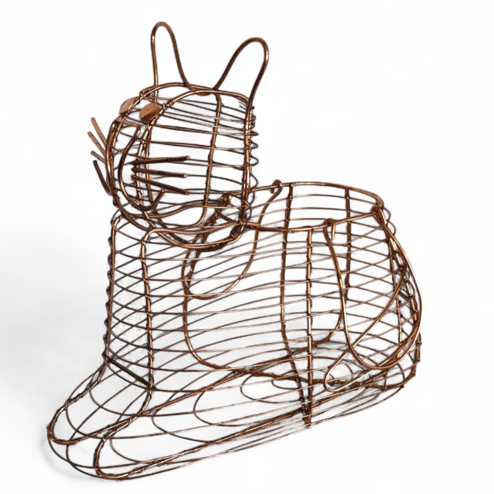 Vintage Copper Wire Cat Shaped Egg Basket French Country Farmhouse Cottage